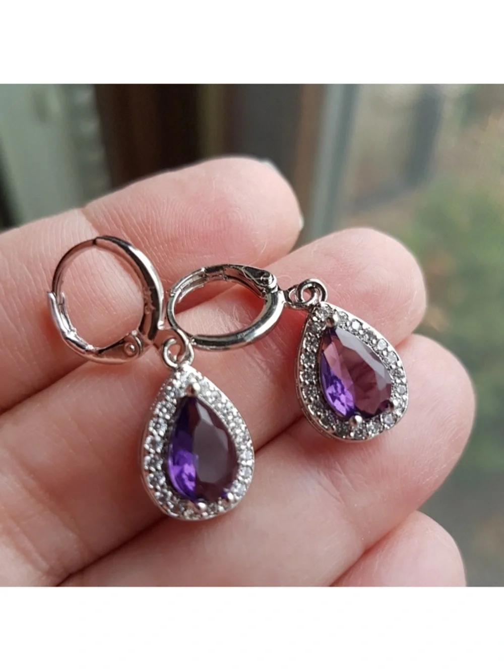 Swarovski Elements 925 Sterling Silver Amethyst Purple Teardrop Ring NEW